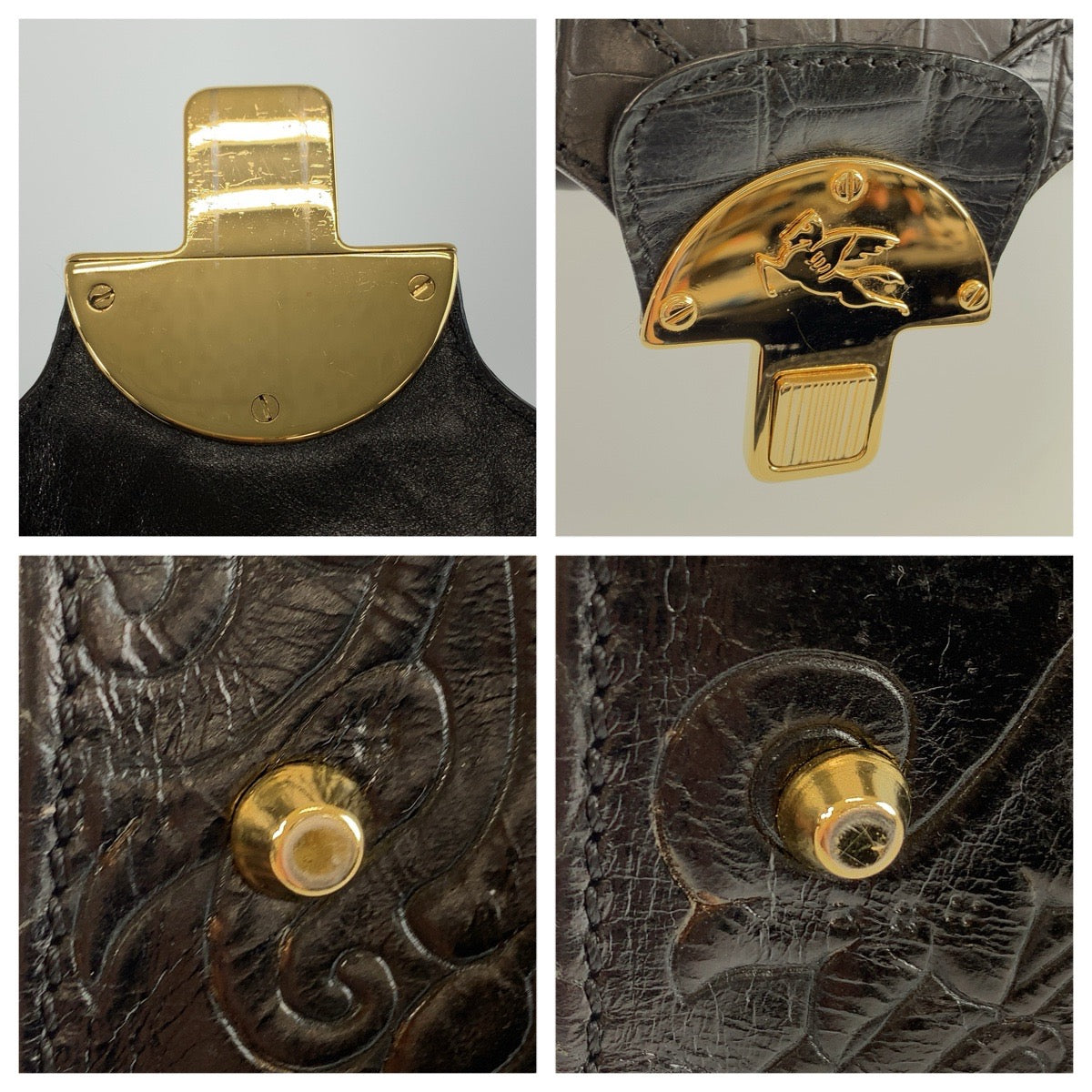 25909
ETRO エトロ 型押し ブラック 黒 ゴールド金具 レザー ハンドバッグ レディース AB21