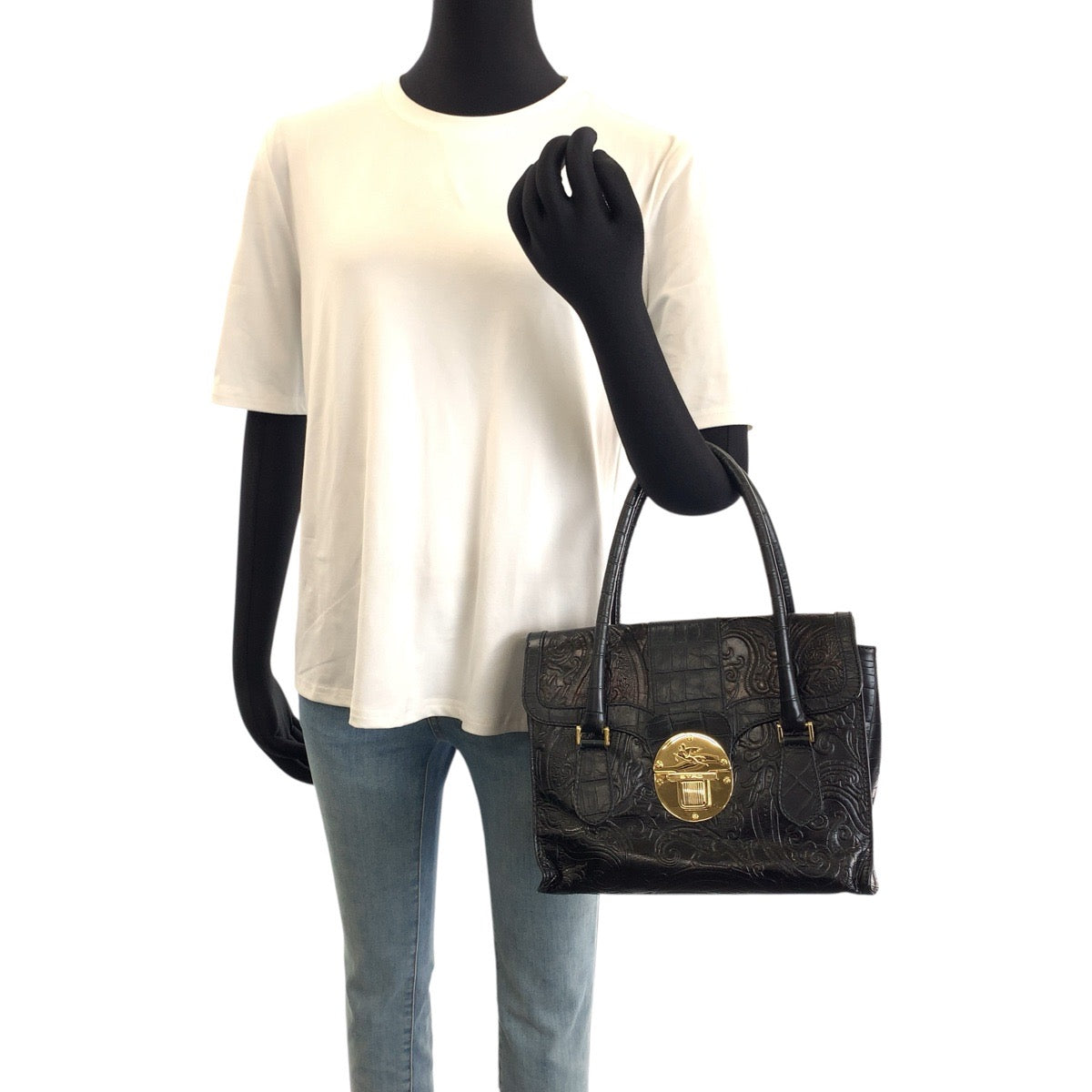 25909
ETRO エトロ 型押し ブラック 黒 ゴールド金具 レザー ハンドバッグ レディース AB21