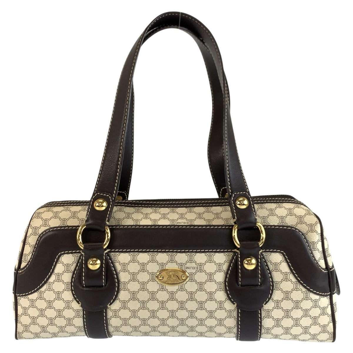 25910
CELINE セリーヌ ヴィンテージ マカダム ホワイト ブラウン ゴールド金具 PVC / レザー SI 10/25 ショルダーバッグ ボストンバッグ レディース ABP36
