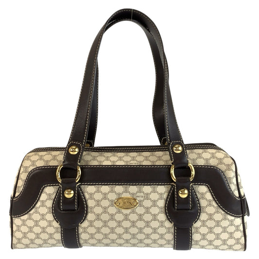 25910
CELINE セリーヌ ヴィンテージ マカダム ホワイト ブラウン ゴールド金具 PVC / レザー SI 10/25 ショルダーバッグ ボストンバッグ レディース ABP36