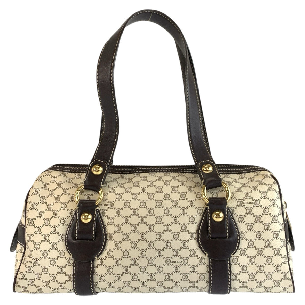 25910
CELINE セリーヌ ヴィンテージ マカダム ホワイト ブラウン ゴールド金具 PVC / レザー SI 10/25 ショルダーバッグ ボストンバッグ レディース ABP36