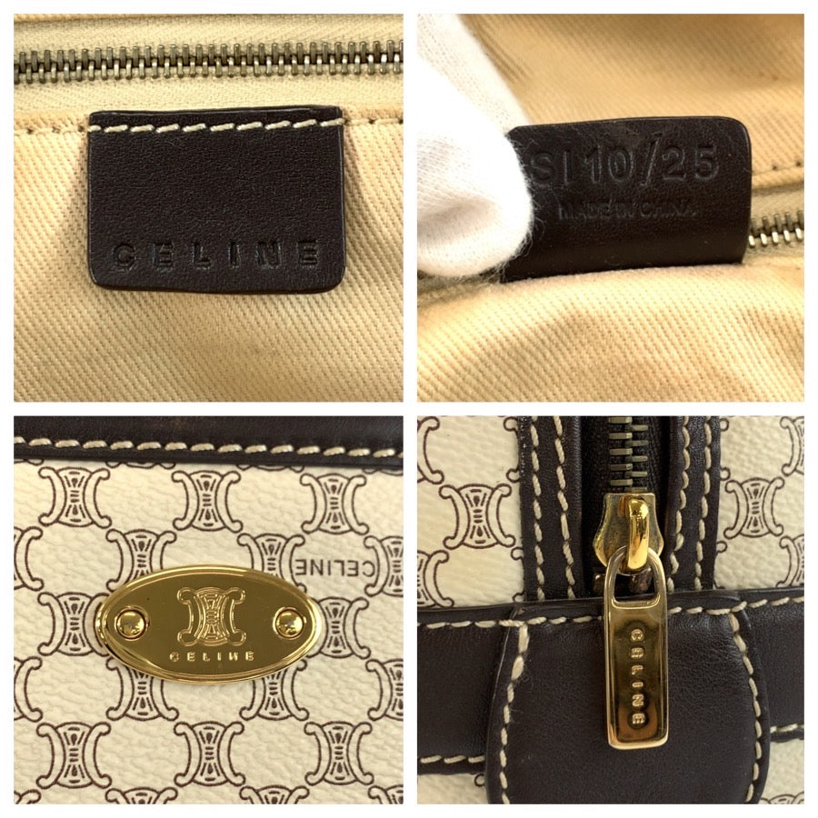 25910
CELINE セリーヌ ヴィンテージ マカダム ホワイト ブラウン ゴールド金具 PVC / レザー SI 10/25 ショルダーバッグ ボストンバッグ レディース ABP36