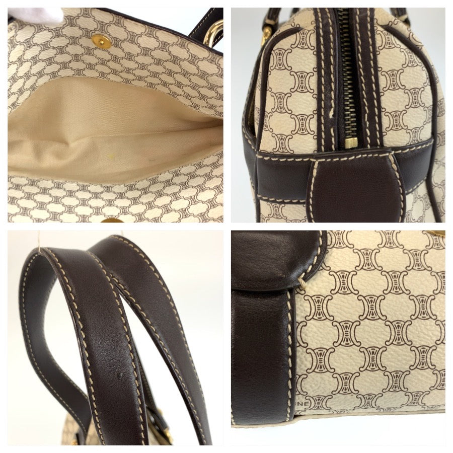 25910
CELINE セリーヌ ヴィンテージ マカダム ホワイト ブラウン ゴールド金具 PVC / レザー SI 10/25 ショルダーバッグ ボストンバッグ レディース ABP36