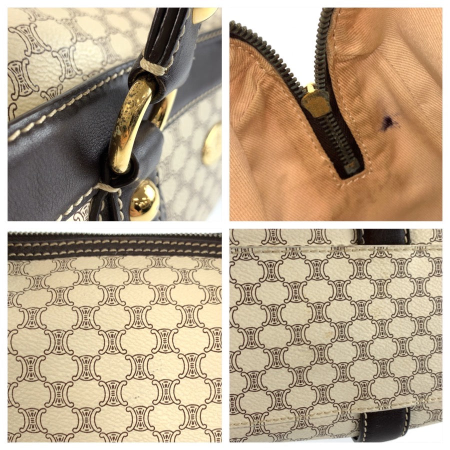 25910
CELINE セリーヌ ヴィンテージ マカダム ホワイト ブラウン ゴールド金具 PVC / レザー SI 10/25 ショルダーバッグ ボストンバッグ レディース ABP36