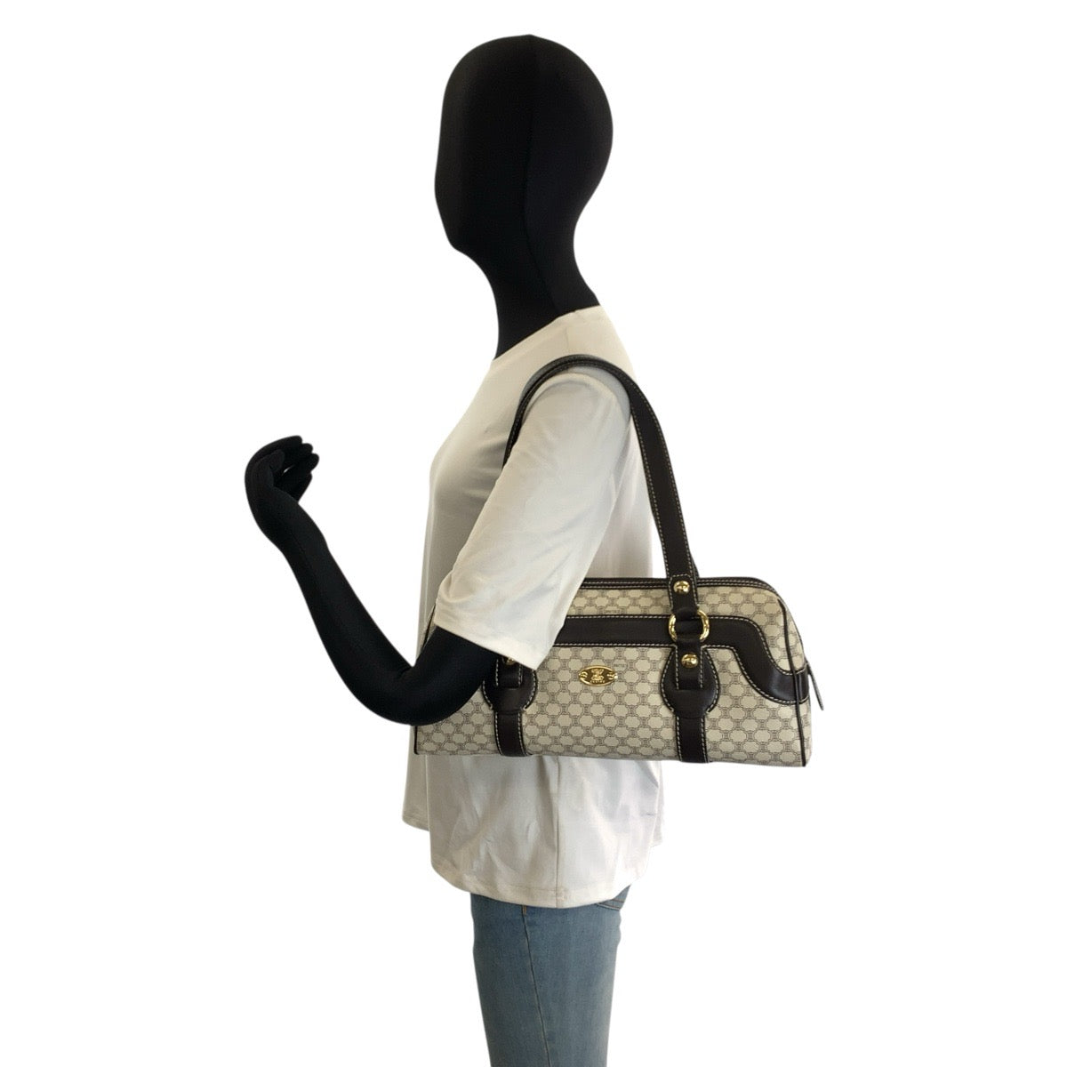 25910
CELINE セリーヌ ヴィンテージ マカダム ホワイト ブラウン ゴールド金具 PVC / レザー SI 10/25 ショルダーバッグ ボストンバッグ レディース ABP36