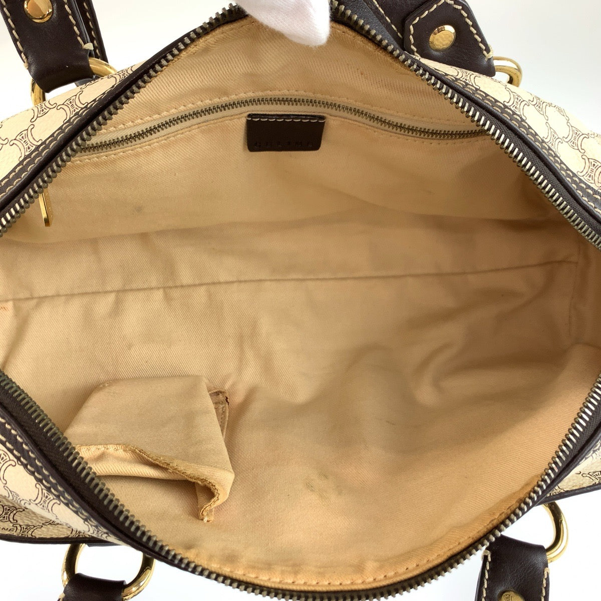 25910
CELINE セリーヌ ヴィンテージ マカダム ホワイト ブラウン ゴールド金具 PVC / レザー SI 10/25 ショルダーバッグ ボストンバッグ レディース ABP36