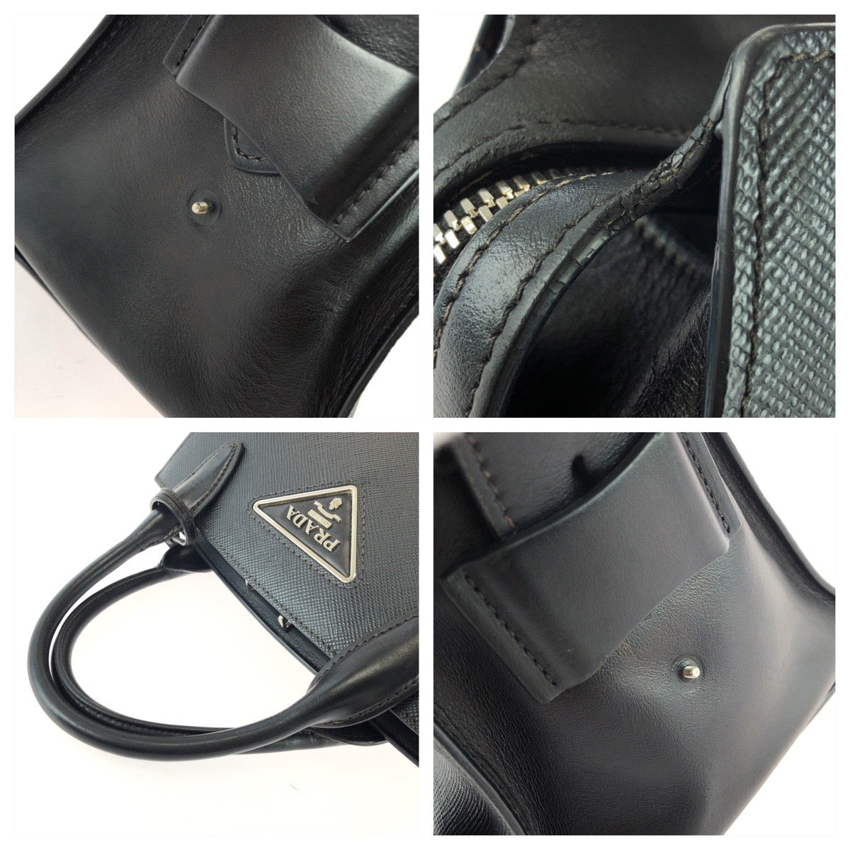 25927
PRADA プラダ サフィアーノ 三角ロゴプレート ブラック 黒 シルバー金具 レザー ハンドバッグ トートバッグ レディース AB56