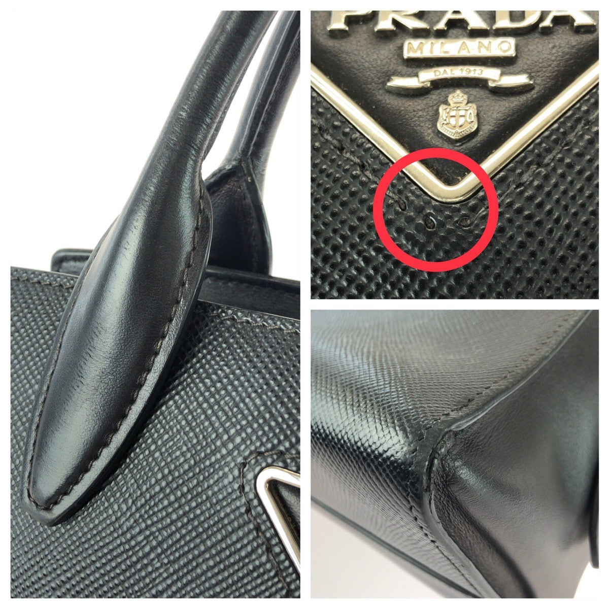 25927
PRADA プラダ サフィアーノ 三角ロゴプレート ブラック 黒 シルバー金具 レザー ハンドバッグ トートバッグ レディース AB56