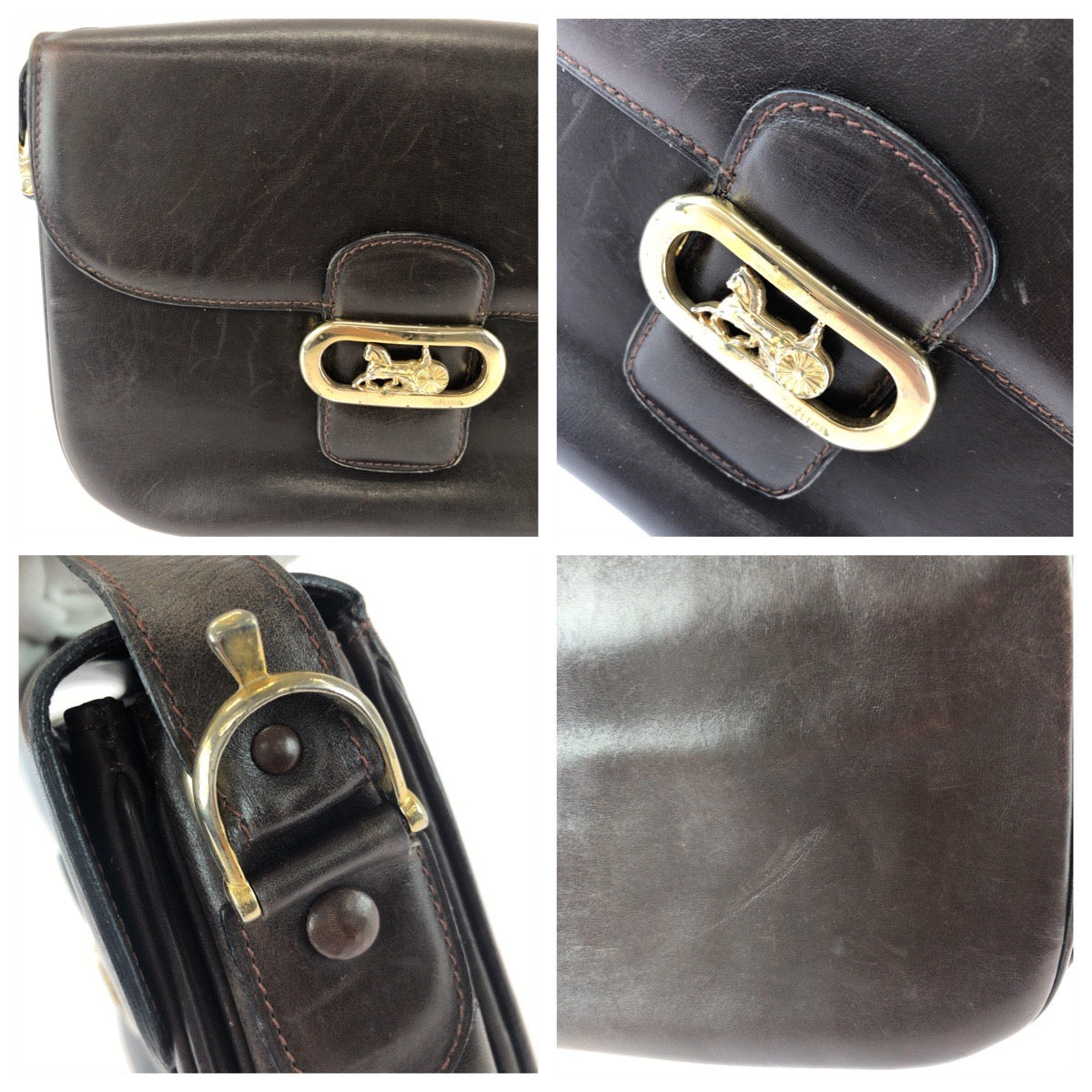 25928
CELINE セリーヌ ヴィンテージ ホースキャリッジ ブラウン ダークブラウン ゴールド金具 レザー ショルダーバッグ ポシェット レディース AB38