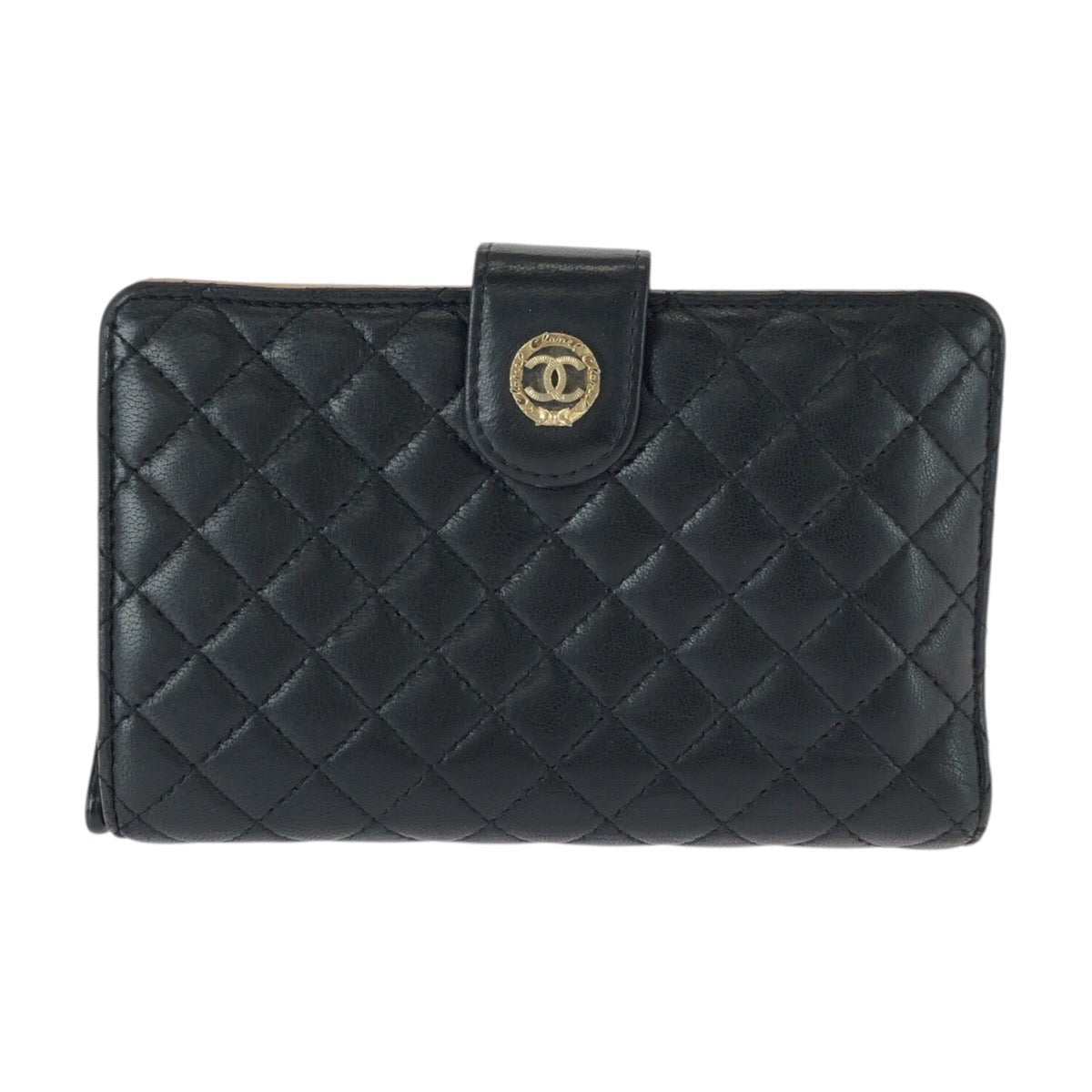 25933
CHANEL シャネル マトラッセ ココマーク ブラック ピンク ゴールド金具 レザー 折財布 コンパクトウォレット レディース AB28