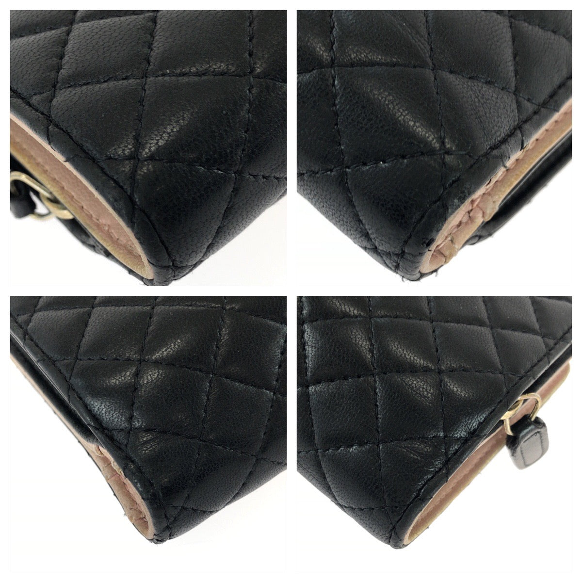 25933
CHANEL シャネル マトラッセ ココマーク ブラック ピンク ゴールド金具 レザー 折財布 コンパクトウォレット レディース AB28