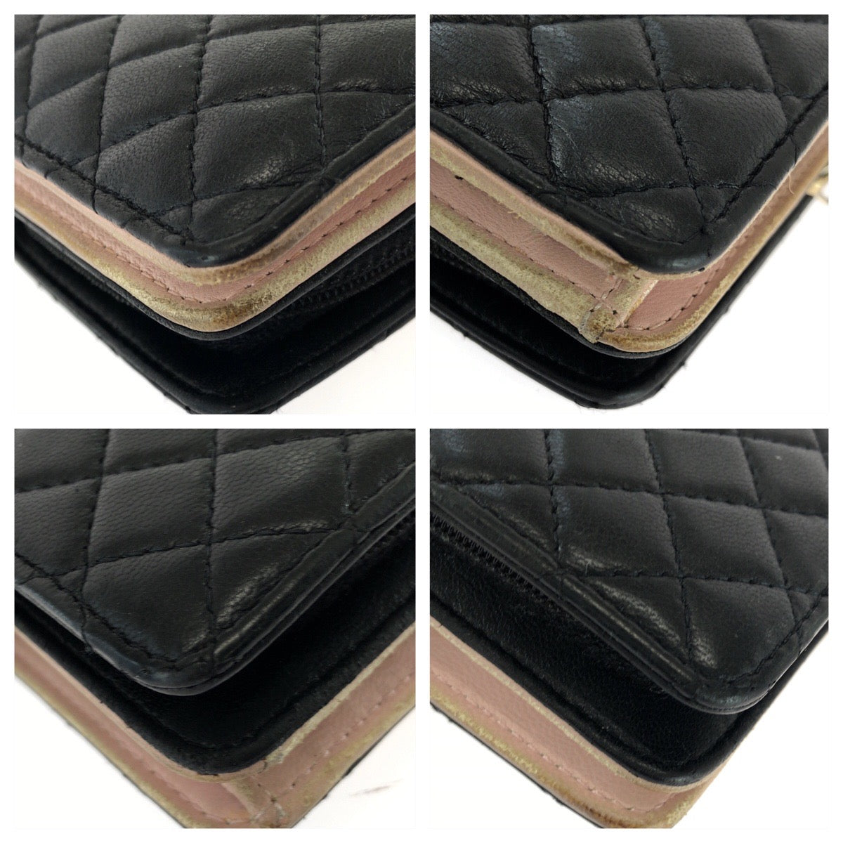 25933
CHANEL シャネル マトラッセ ココマーク ブラック ピンク ゴールド金具 レザー 折財布 コンパクトウォレット レディース AB28