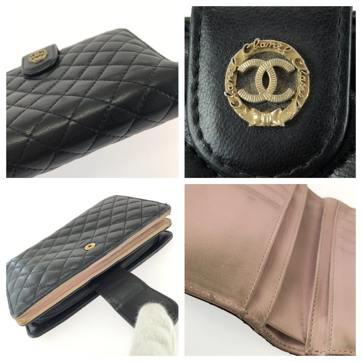 25933
CHANEL シャネル マトラッセ ココマーク ブラック ピンク ゴールド金具 レザー 折財布 コンパクトウォレット レディース AB28