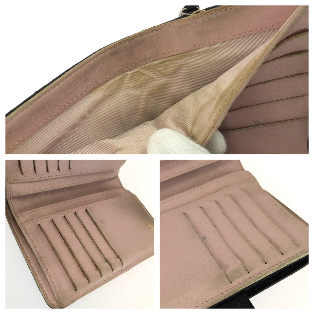 25933
CHANEL シャネル マトラッセ ココマーク ブラック ピンク ゴールド金具 レザー 折財布 コンパクトウォレット レディース AB28