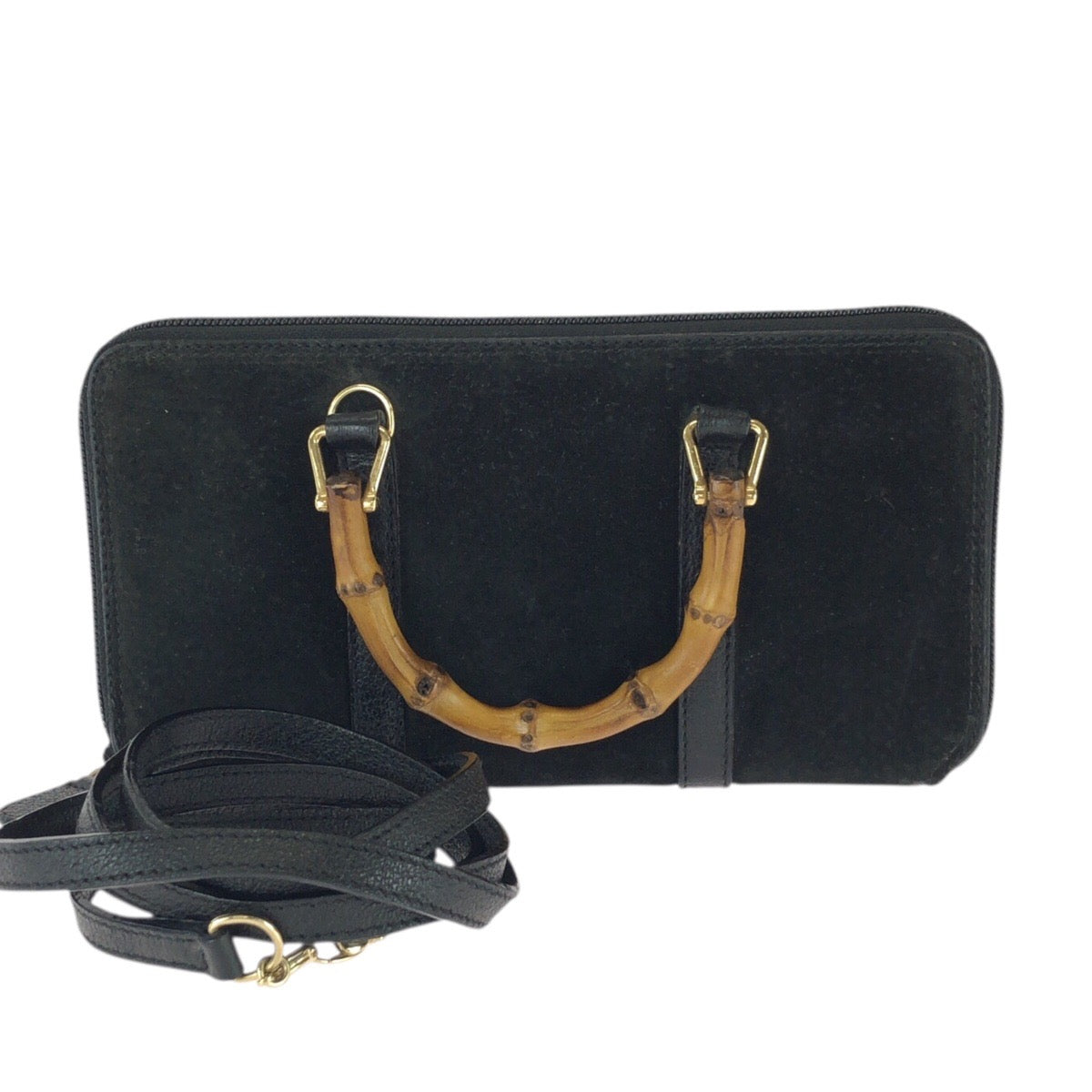 25937
GUCCI グッチ ヴィンテージ バンブー ２way ブラック 黒 ゴールド金具 スウェード / レザー 長財布 ショルダーウォレット レディース AB35