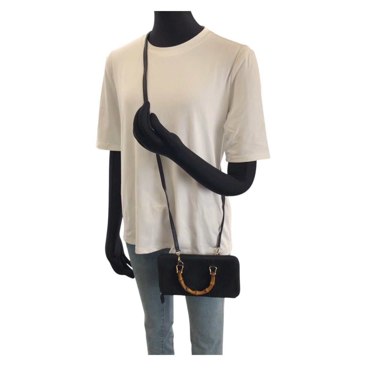 25937
GUCCI グッチ ヴィンテージ バンブー ２way ブラック 黒 ゴールド金具 スウェード / レザー 長財布 ショルダーウォレット レディース AB35