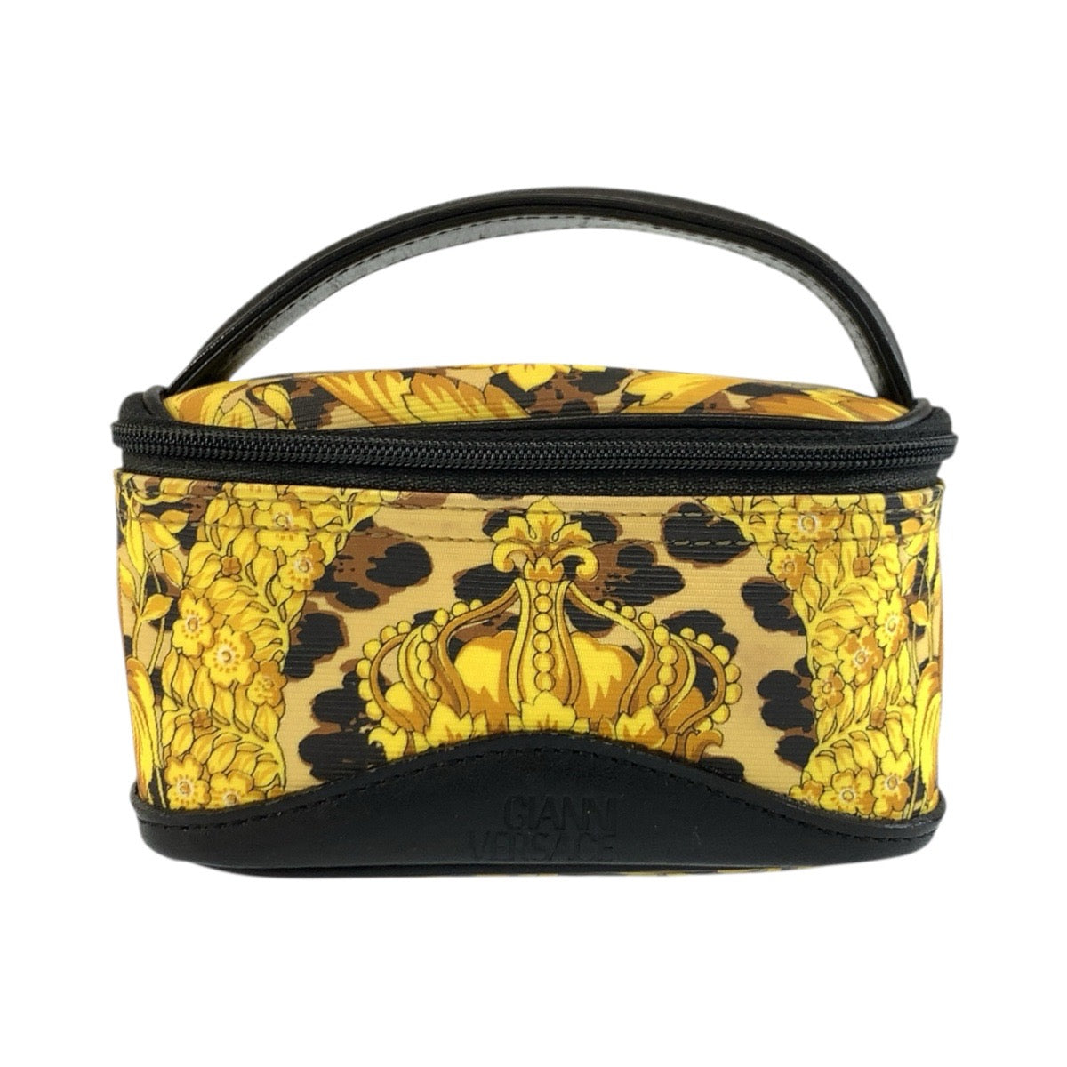 25974
VERSACE ヴェルサーチ サンバースト レオパード柄 イエロー ブラック ゴールド金具 PVC ポーチ バニティバッグ レディース AB21