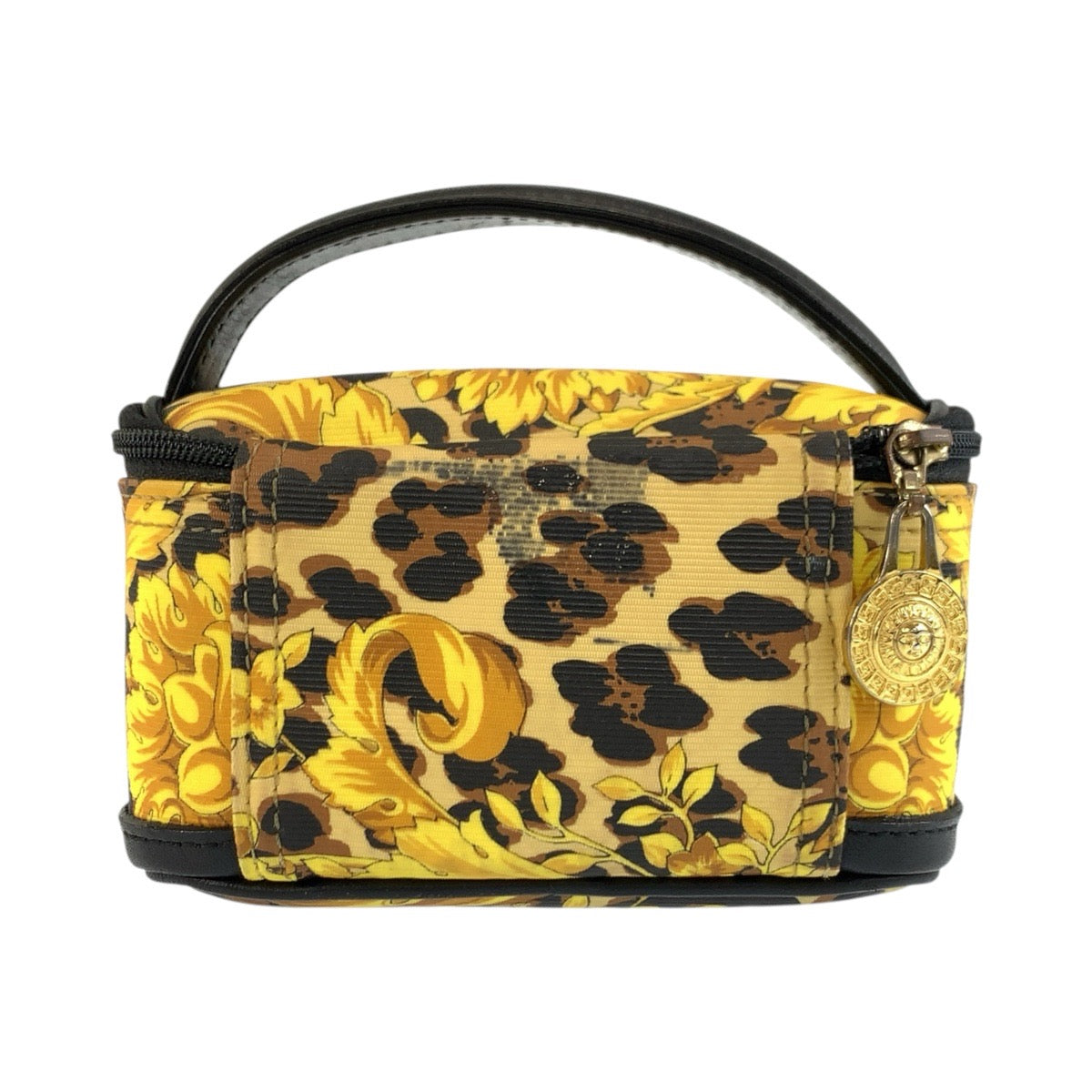 25974
VERSACE ヴェルサーチ サンバースト レオパード柄 イエロー ブラック ゴールド金具 PVC ポーチ バニティバッグ レディース AB21