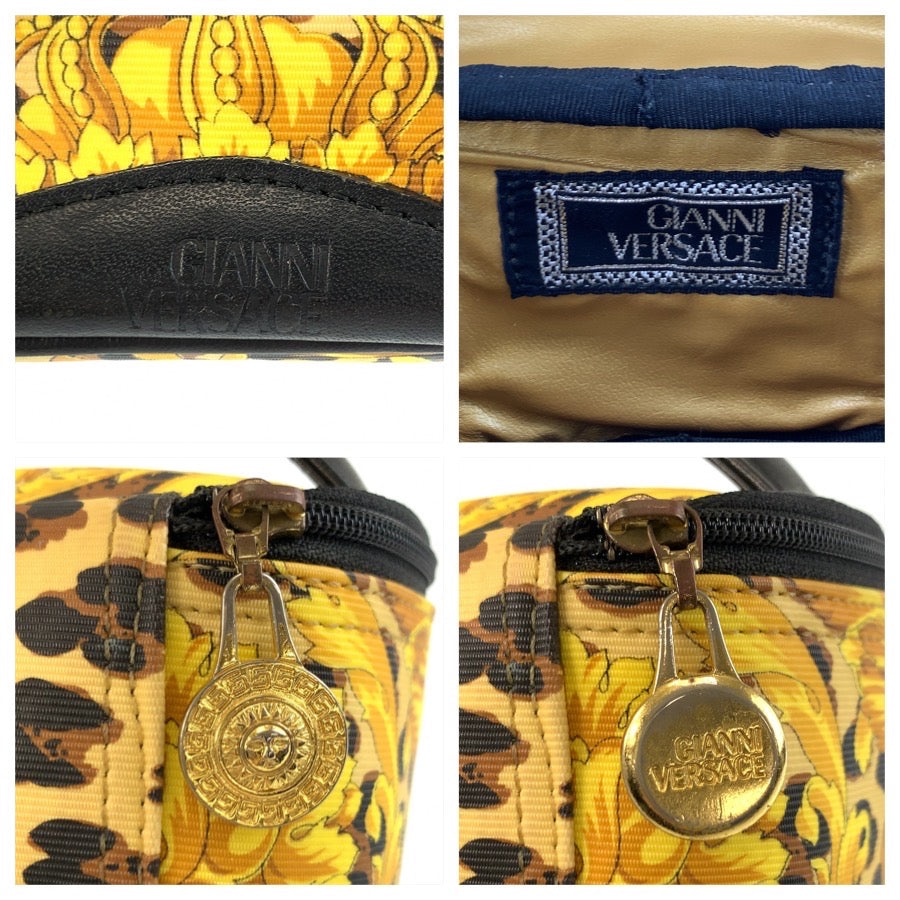 25974
VERSACE ヴェルサーチ サンバースト レオパード柄 イエロー ブラック ゴールド金具 PVC ポーチ バニティバッグ レディース AB21