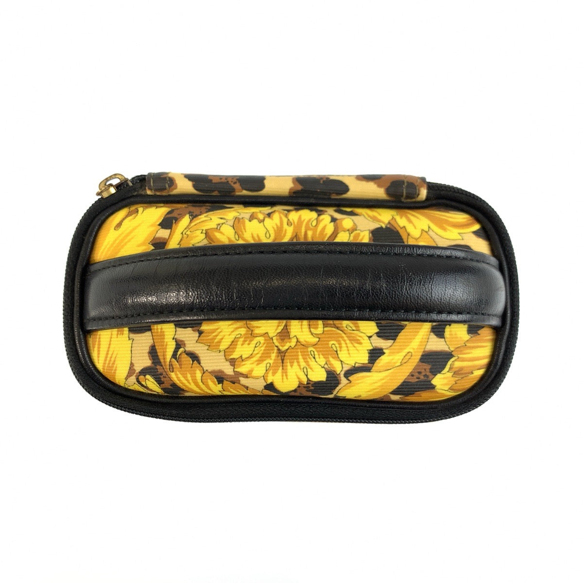25974
VERSACE ヴェルサーチ サンバースト レオパード柄 イエロー ブラック ゴールド金具 PVC ポーチ バニティバッグ レディース AB21