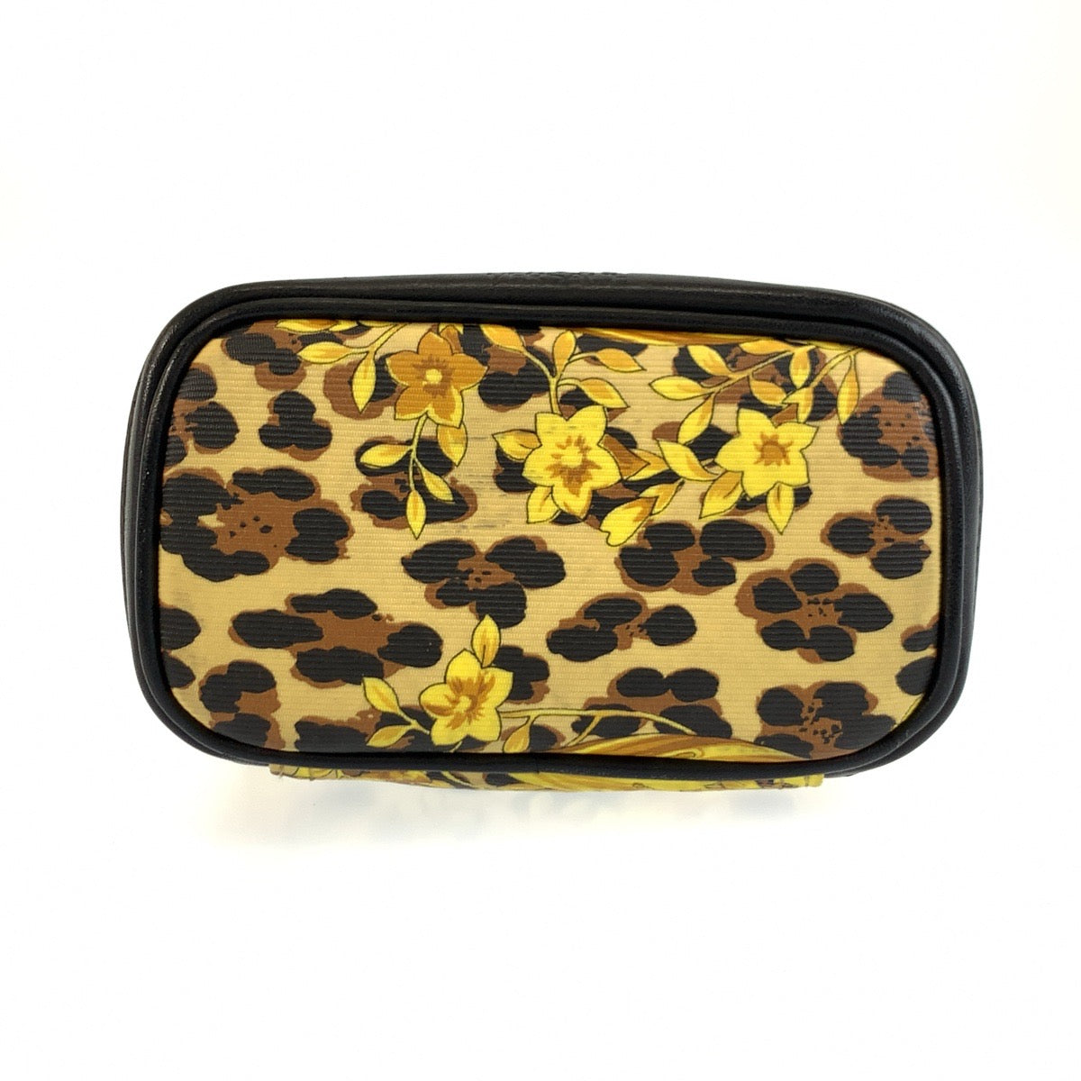 25974
VERSACE ヴェルサーチ サンバースト レオパード柄 イエロー ブラック ゴールド金具 PVC ポーチ バニティバッグ レディース AB21