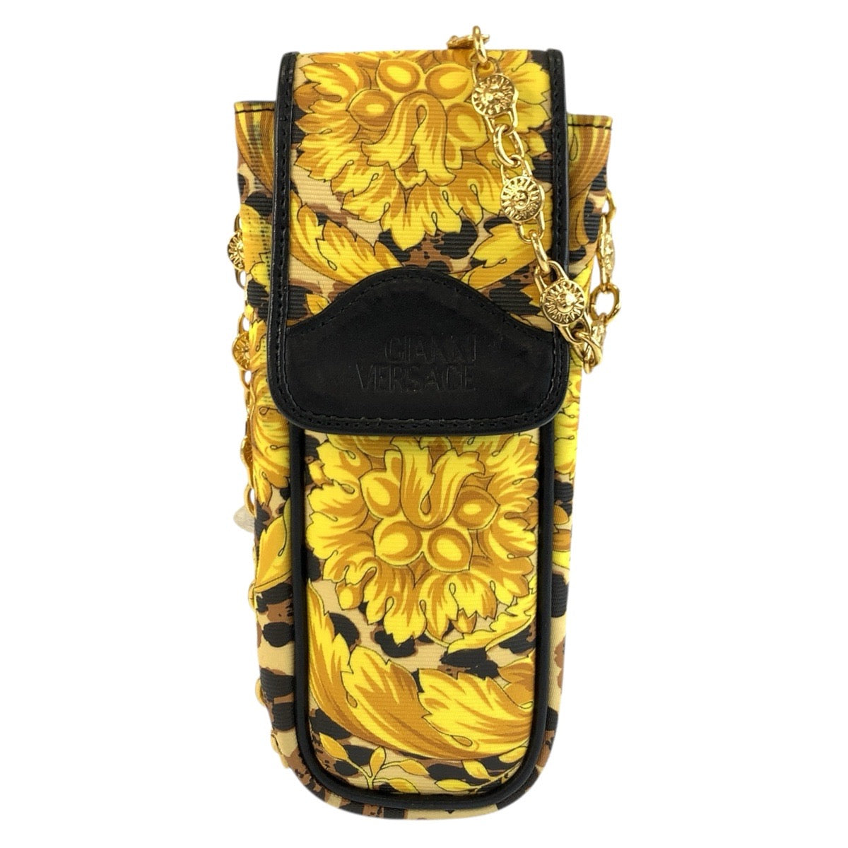 25975
VERSACE ヴェルサーチ レオパード柄 イエロー ブラック ゴールド金具 PVC チェーンショルダーバッグ ポシェット レディース AB35