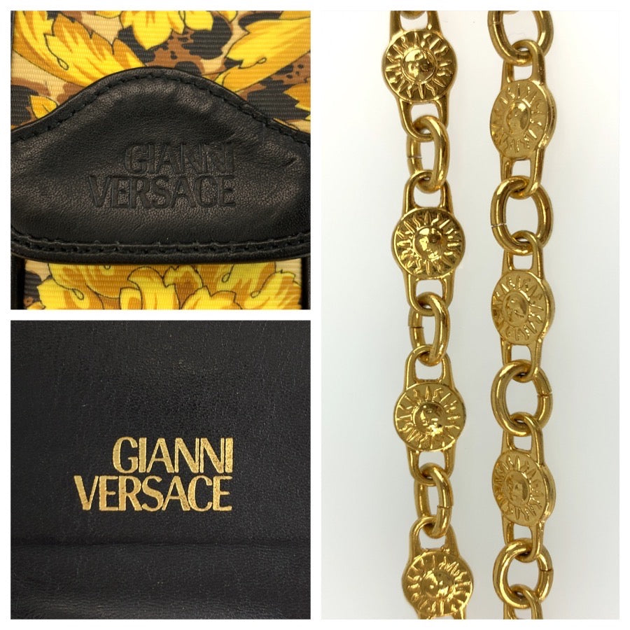 25975
VERSACE ヴェルサーチ レオパード柄 イエロー ブラック ゴールド金具 PVC チェーンショルダーバッグ ポシェット レディース AB35