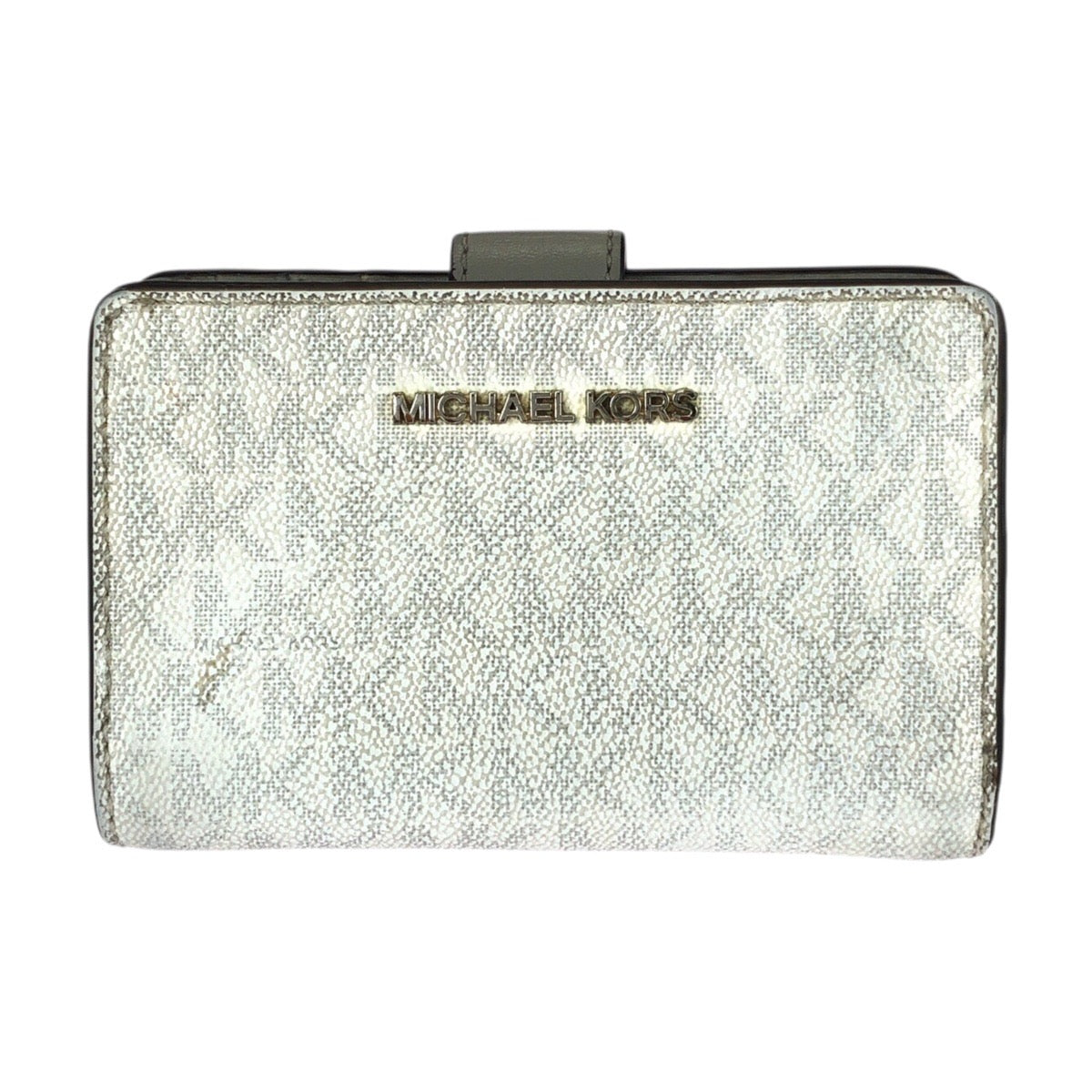 25988
Michael Kors マイケルコース JET SET TRAVEL ホワイト グレー ゴールド金具 PVC 35F8GTVF2B 折財布 コンパクトウォレット レディース ABP3