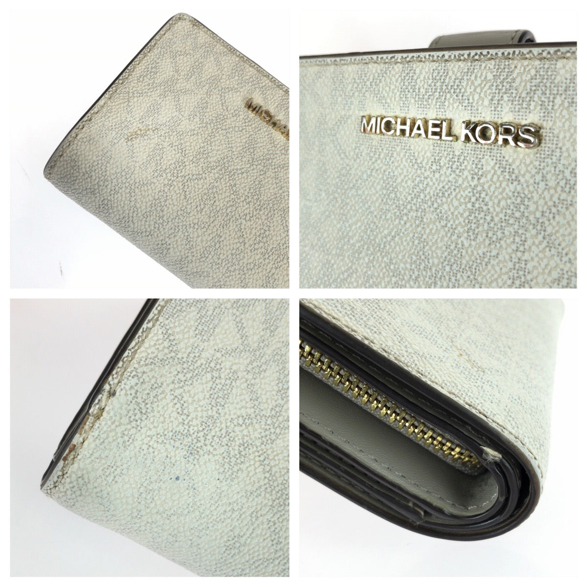 25988
Michael Kors マイケルコース JET SET TRAVEL ホワイト グレー ゴールド金具 PVC 35F8GTVF2B 折財布 コンパクトウォレット レディース ABP3