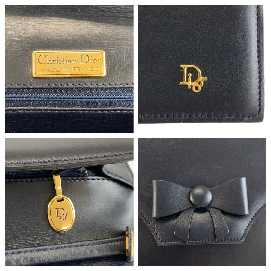 26026
Christian Dior クリスチャンディオール ヴィンテージ リボン ネイビー ゴールド金具 レザー ショルダーバッグ ポシェット レディース ABP35