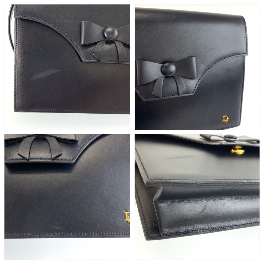 26026
Christian Dior クリスチャンディオール ヴィンテージ リボン ネイビー ゴールド金具 レザー ショルダーバッグ ポシェット レディース ABP35