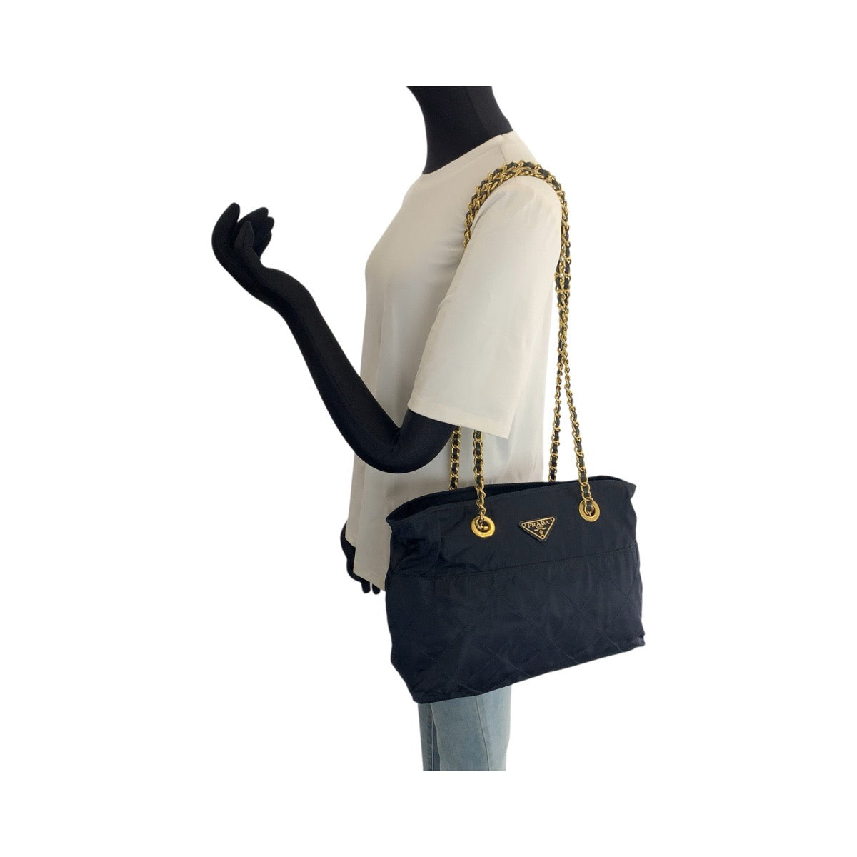 26034
PRADA プラダ ヴィンテージ テスート 三角ロゴプレート ネイビー ゴールド金具 ナイロン / レザー トートバッグ ショルダーバッグ レディース AB35