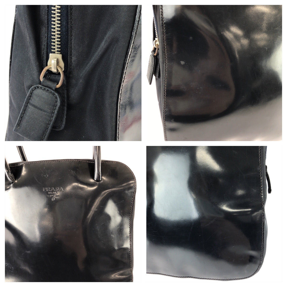 26037
PRADA プラダ ヴィンテージ テスート ブラック 黒 シルバー金具 パテントレザー / ナイロン トートバッグ レディース AB21