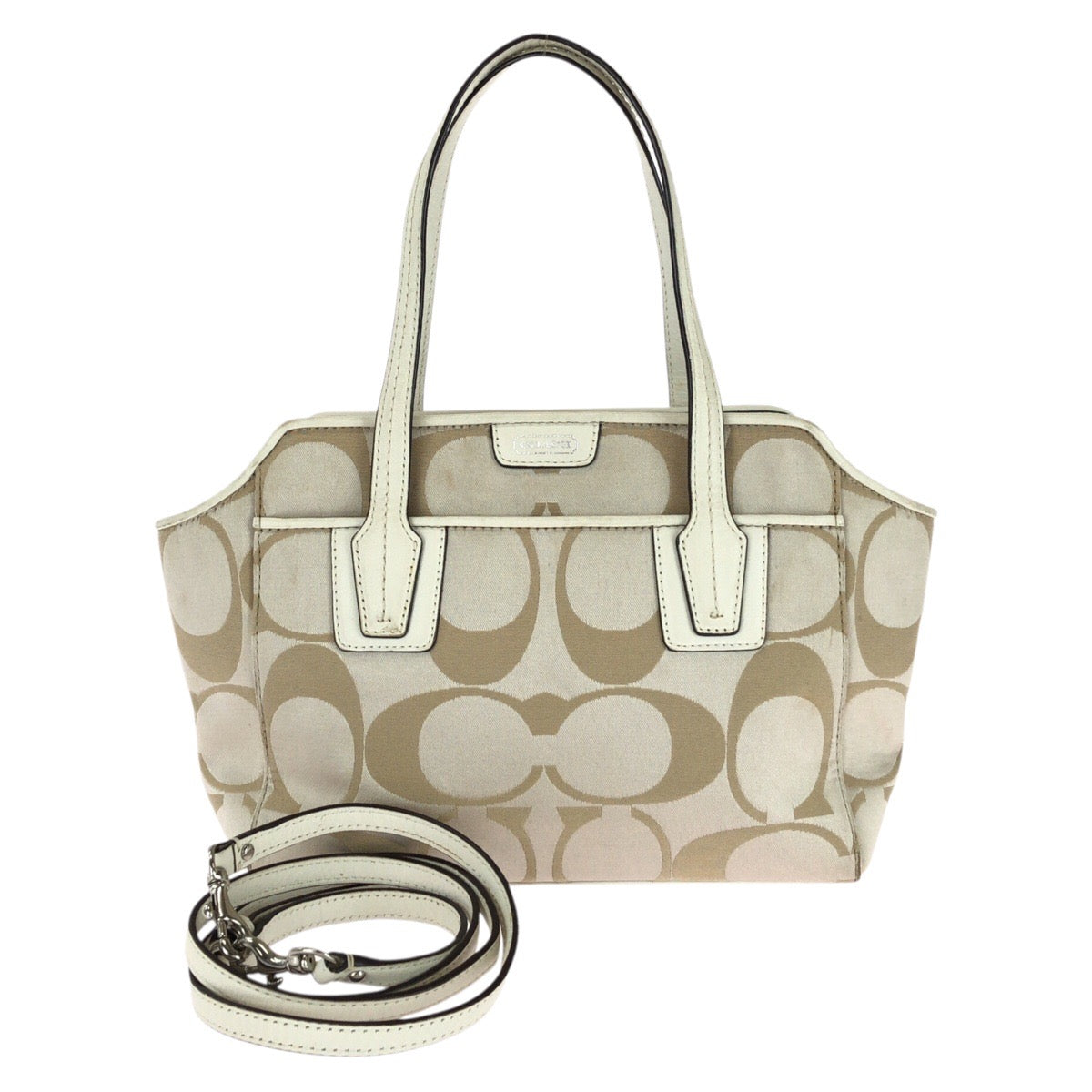 26040
COACH コーチ シグネチャー ２way ベージュ ホワイト シルバー金具 キャンバス / レザー トートバッグ ショルダーバッグ レディース AB8