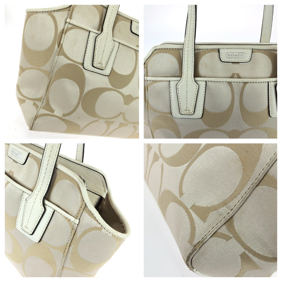 26040
COACH コーチ シグネチャー ２way ベージュ ホワイト シルバー金具 キャンバス / レザー トートバッグ ショルダーバッグ レディース AB8