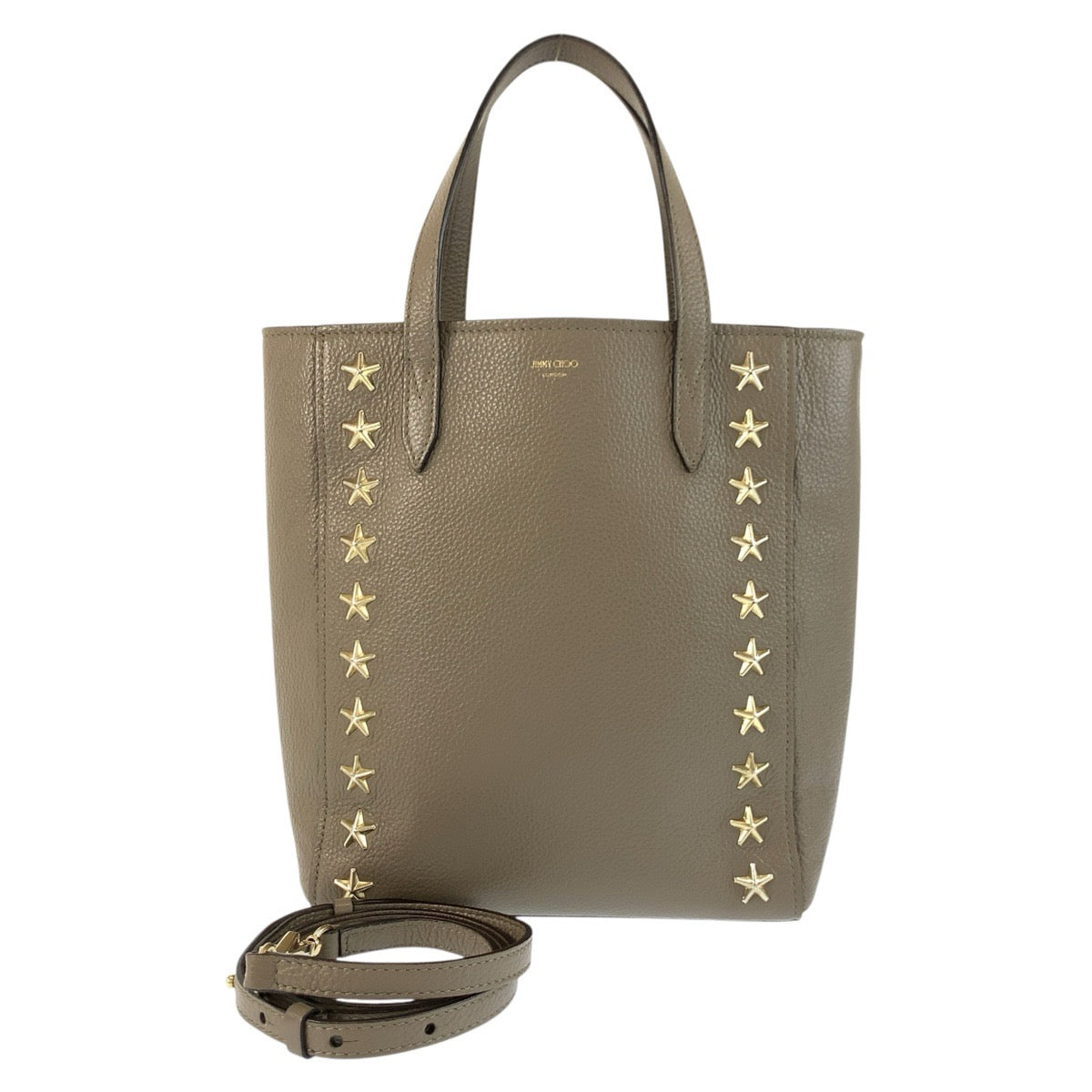 26044
JIMMY CHOO ジミーチュウ スタースタッズ ペガシ N/S グレージュ ゴールド金具 レザー トートバッグ ショルダーバッグ 2way レディース ABP30