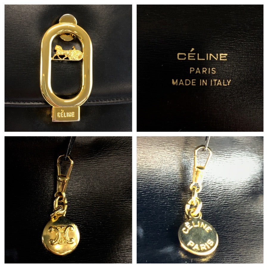 26054
CELINE セリーヌ ヴィンテージ 馬車金具 ブラック 黒 ゴールド金具 レザー ハンドバッグ ショルダーバッグ レディース A56