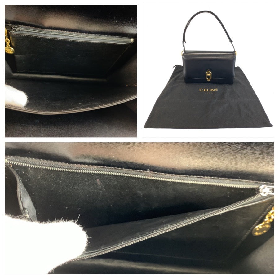 26054
CELINE セリーヌ ヴィンテージ 馬車金具 ブラック 黒 ゴールド金具 レザー ハンドバッグ ショルダーバッグ レディース A56