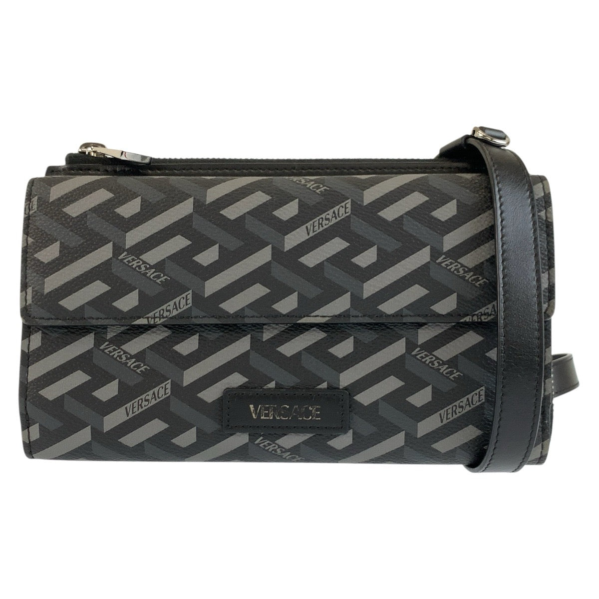 26055
VERSACE ヴェルサーチ ラグレカ ブラック 黒 シルバー金具 PVC ショルダーバッグ ウェアラブルウォレット レディース ABP21