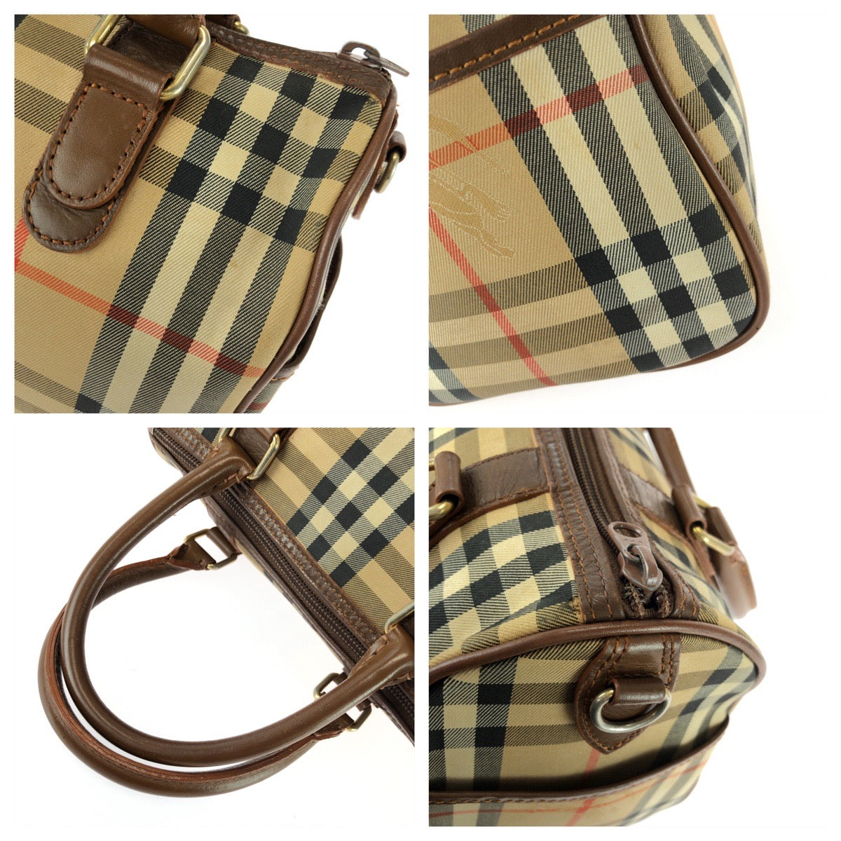 26056
BURBERRY バーバリー ヴィンテージ チェック柄 ベージュ ブラウン ゴールド金具 キャンバス / レザー ハンドバッグ ミニボストンバッグ レディース ABP28