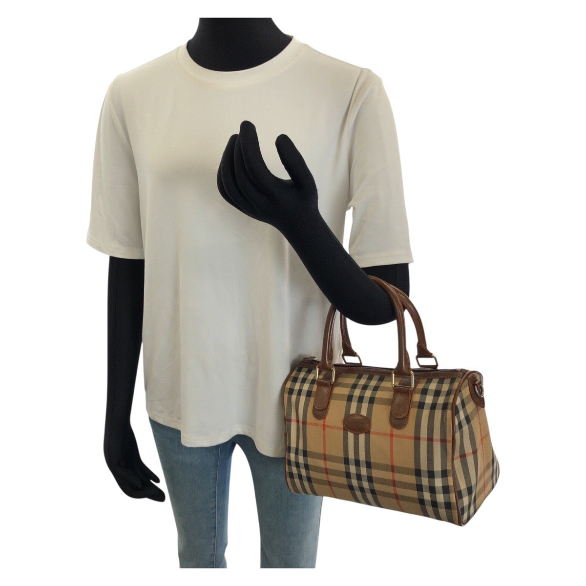 26056
BURBERRY バーバリー ヴィンテージ チェック柄 ベージュ ブラウン ゴールド金具 キャンバス / レザー ハンドバッグ ミニボストンバッグ レディース ABP28