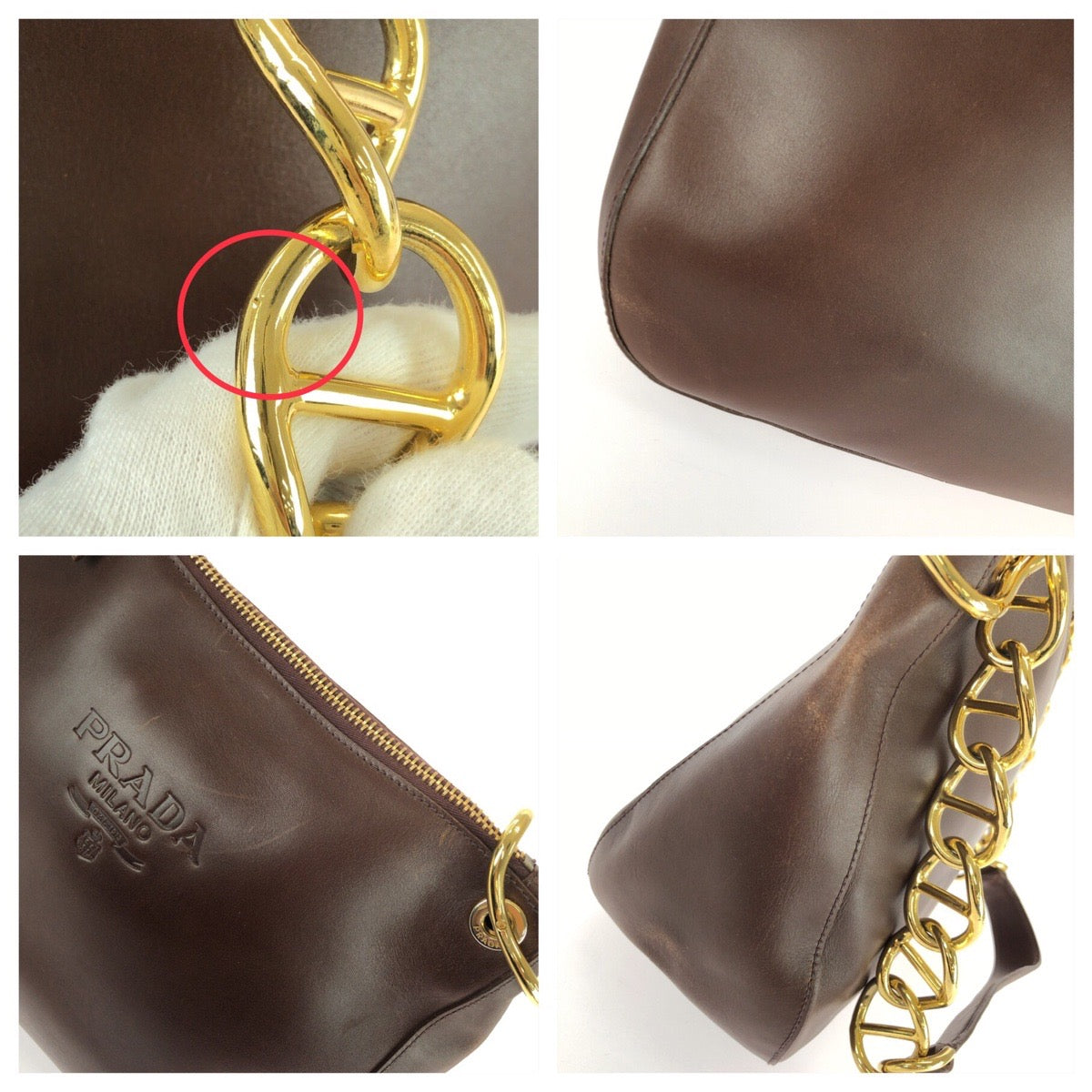 26062
PRADA プラダ オールドプラダ エンボスロゴ ブラウン ゴールド金具 レザー ショルダーバッグ レディース ABP49
