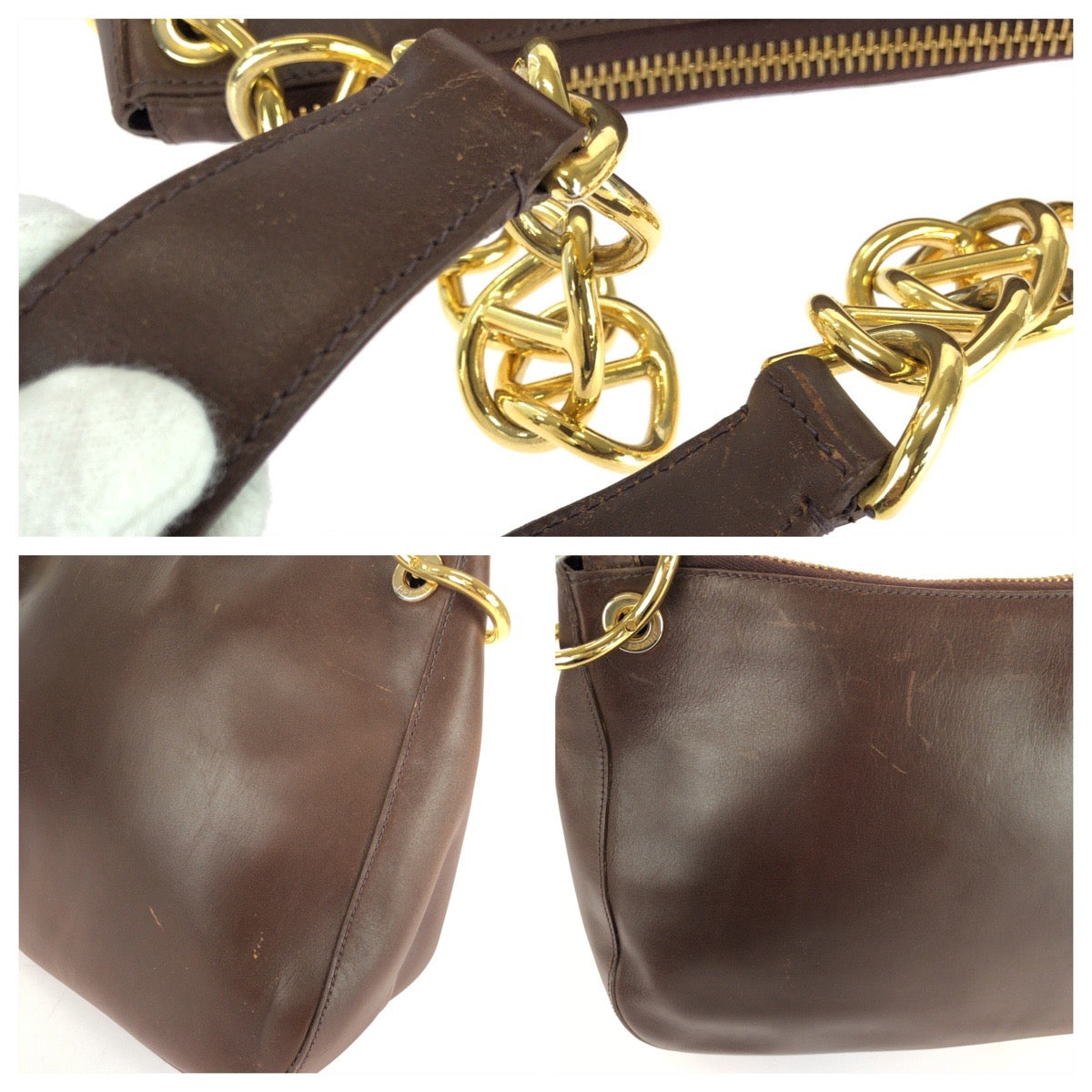 26062
PRADA プラダ オールドプラダ エンボスロゴ ブラウン ゴールド金具 レザー ショルダーバッグ レディース ABP49