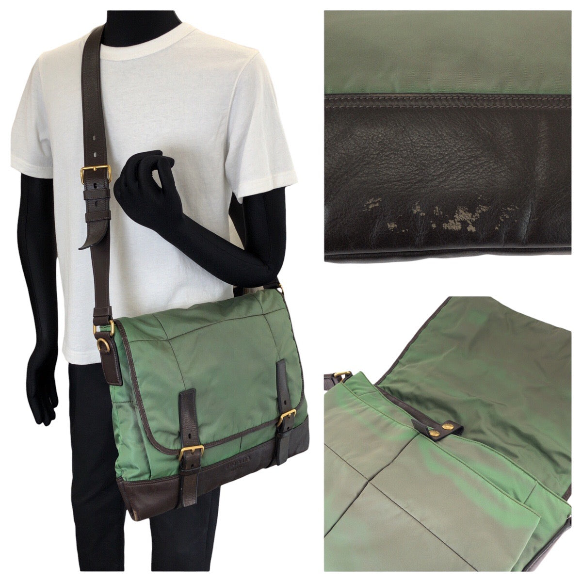 26063
PRADA プラダ ヴィンテージ テスート フロントロゴ グリーン ダークブラウン ゴールド金具 ナイロン / レザー ショルダーバッグ メッセンジャーバッグ メンズ AB28