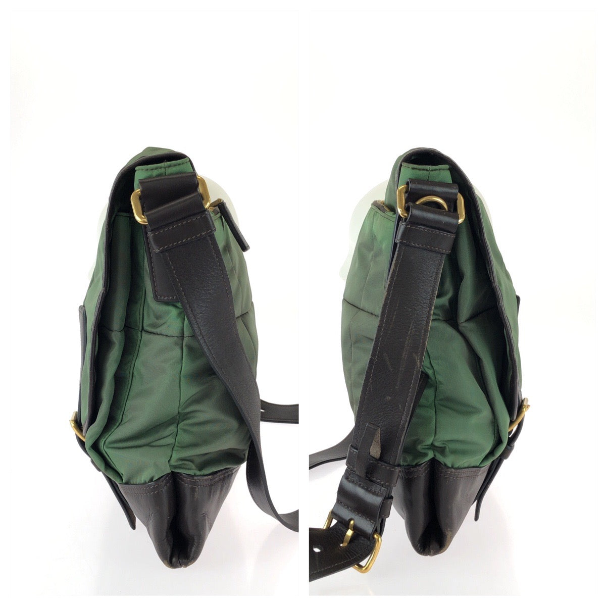 26063
PRADA プラダ ヴィンテージ テスート フロントロゴ グリーン ダークブラウン ゴールド金具 ナイロン / レザー ショルダーバッグ メッセンジャーバッグ メンズ AB28