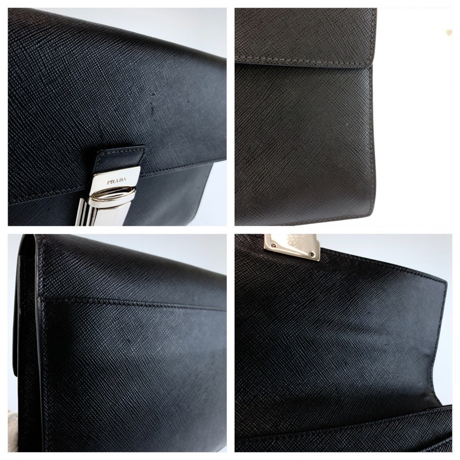 26070
PRADA プラダ サフィアーノ ブラック 黒 シルバー金具 レザー クラッチバッグ セカンドバッグ メンズ AB21
