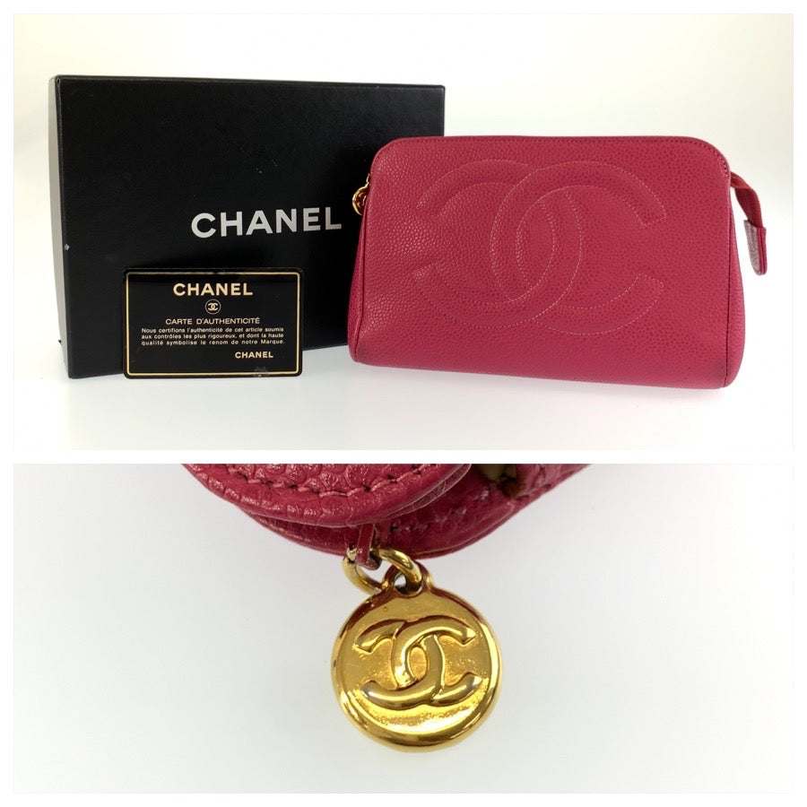 26075
CHANEL シャネル ココマーク ピンク ゴールド金具 レザー コスメポーチ 化粧ポーチ レディース ABP42