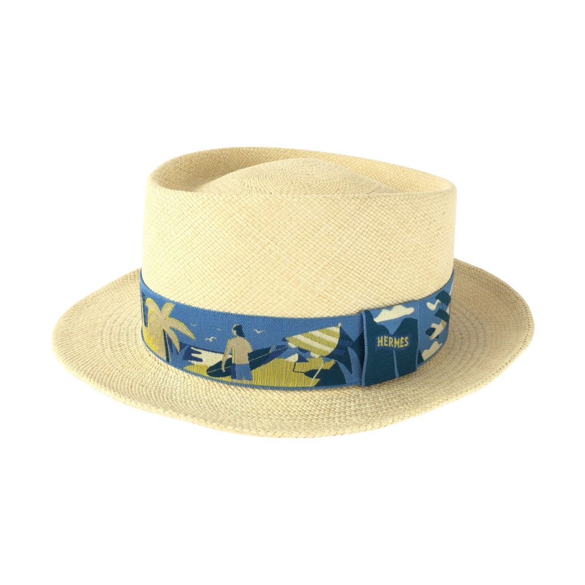 26088
HERMES エルメス ストローハット ベージュ ブルー ストロー ストローハット パナマハット 麦わら帽子 メンズ SA49