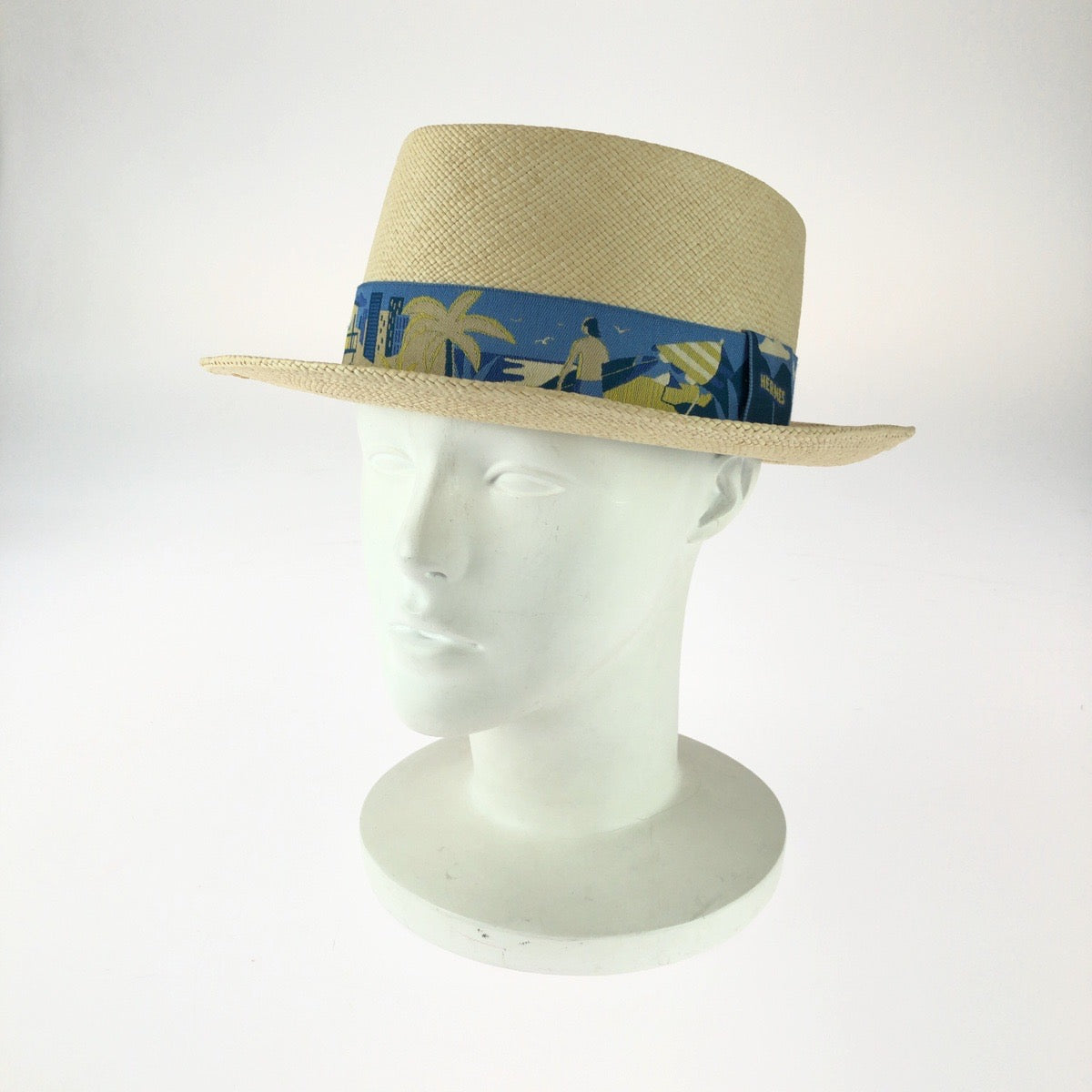 26088
HERMES エルメス ストローハット ベージュ ブルー ストロー ストローハット パナマハット 麦わら帽子 メンズ SA49