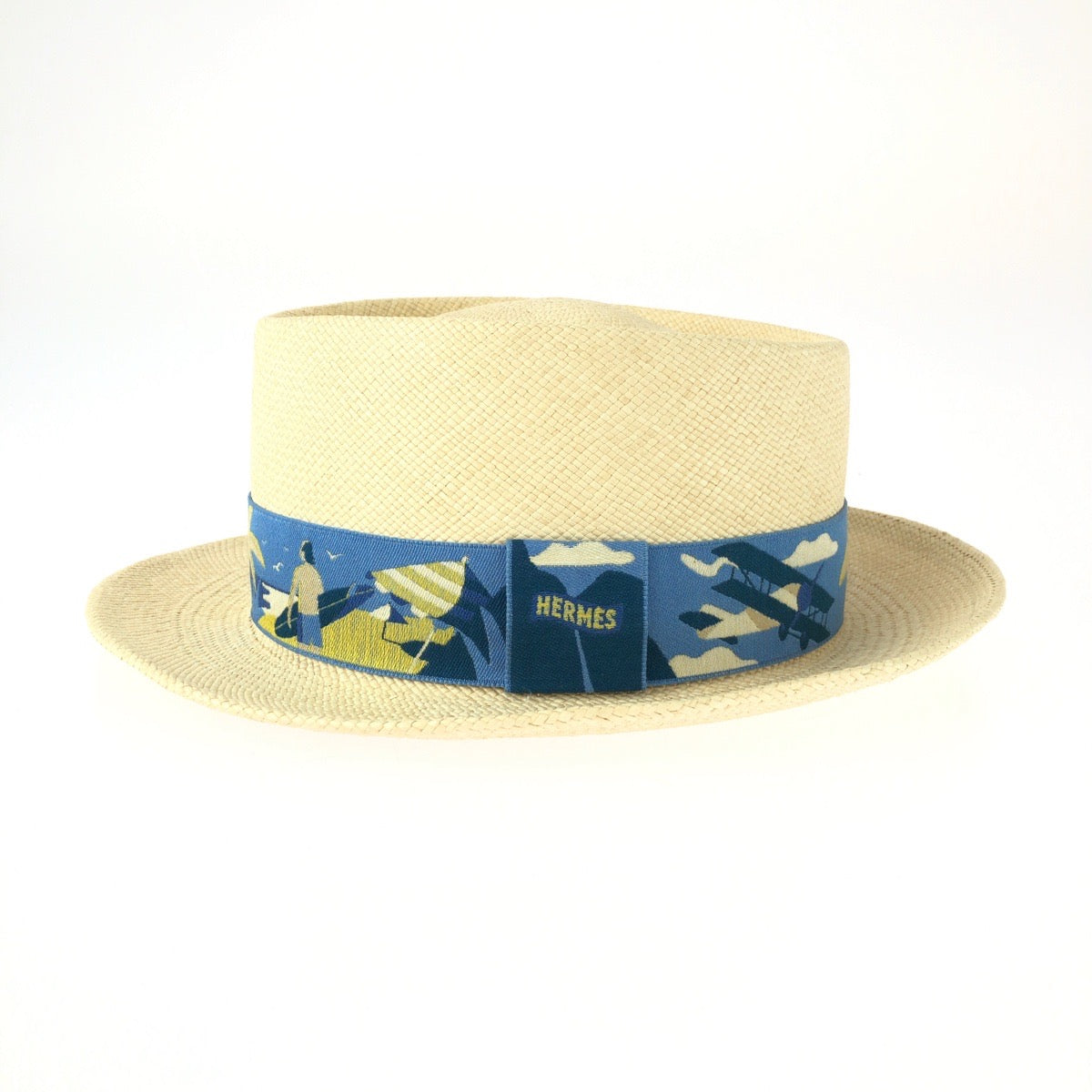 26088
HERMES エルメス ストローハット ベージュ ブルー ストロー ストローハット パナマハット 麦わら帽子 メンズ SA49